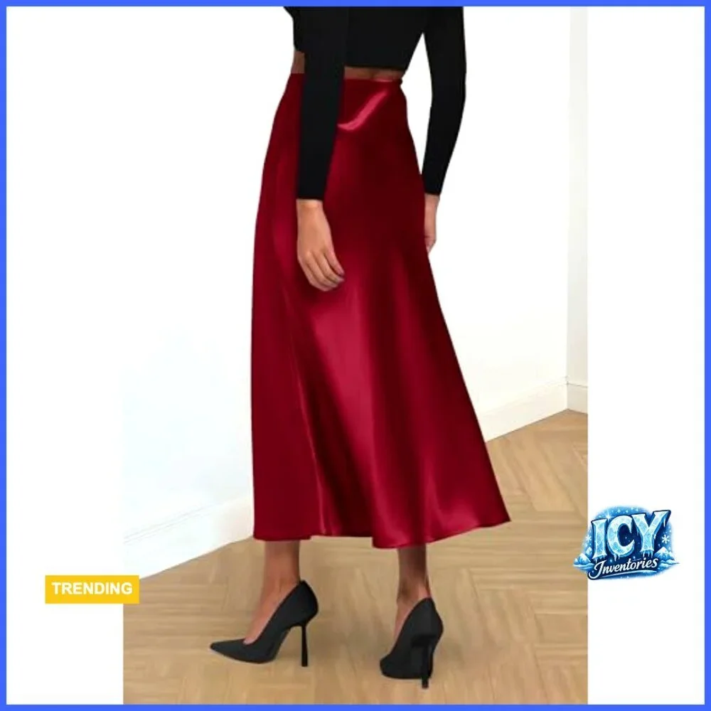 Satin Midi Skirt High Waisted A-Line Flowy Wedding Cocktail Casual
